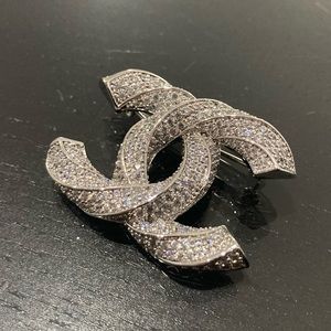 Authentic Chanel CC Brooch in Silver Pave Crystal